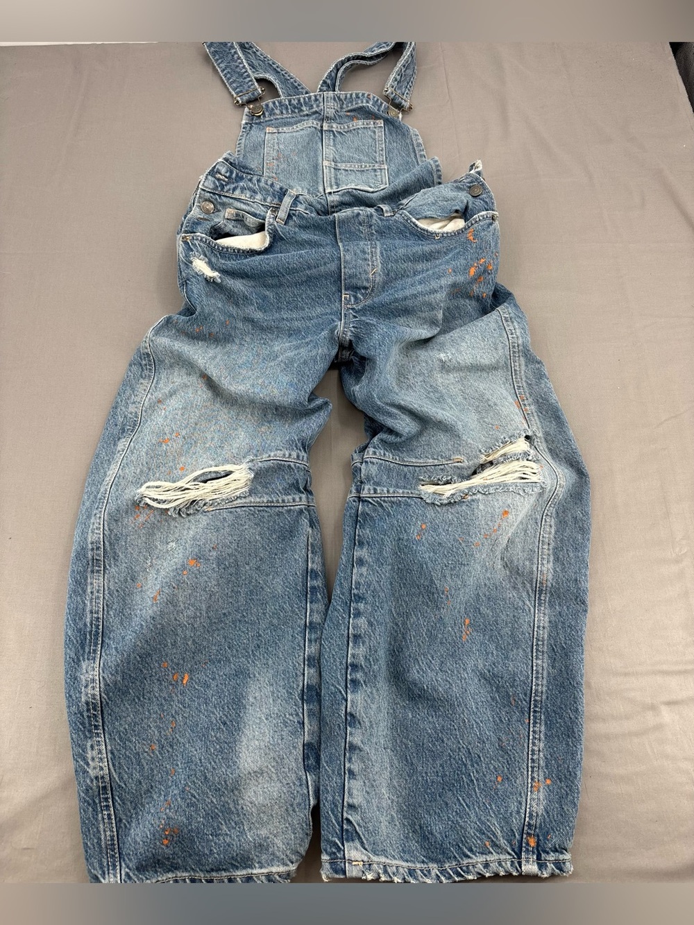 We The Free Blue Distressed Denim Overalls- Barrel
